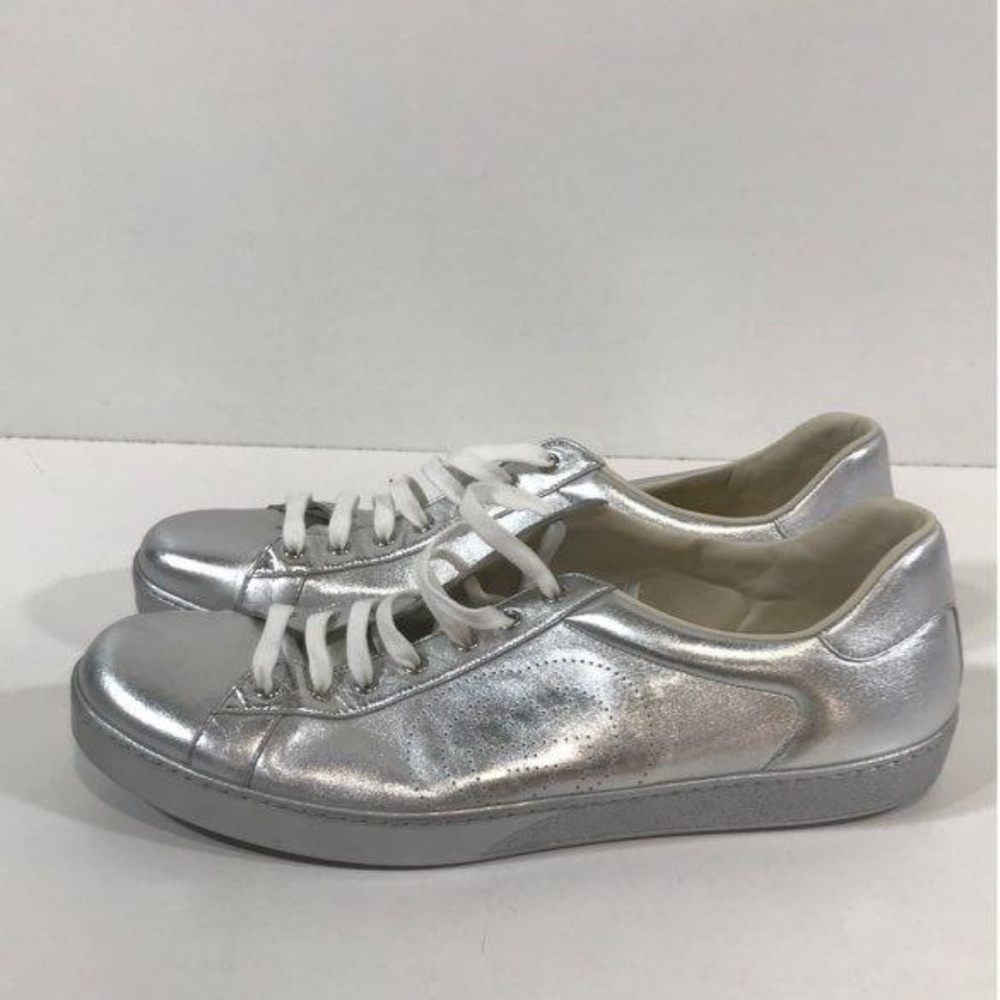 Men’s Authentic Gucci Interlocking G Leather Silver Lace Up Sneakers Size 15 - Picture 7 of 8